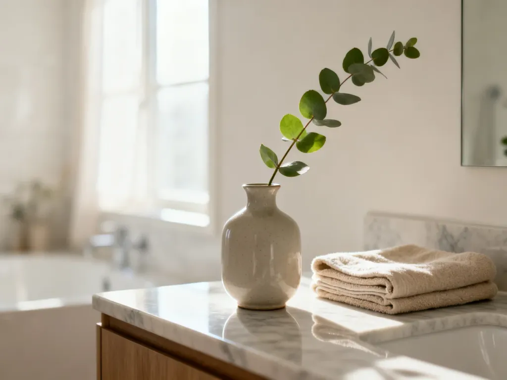Minimalistyczna łazienka z marmurowym blatem, ozdobiona ceramicznym wazonem z eukaliptusem i beżowym ręcznikiem.