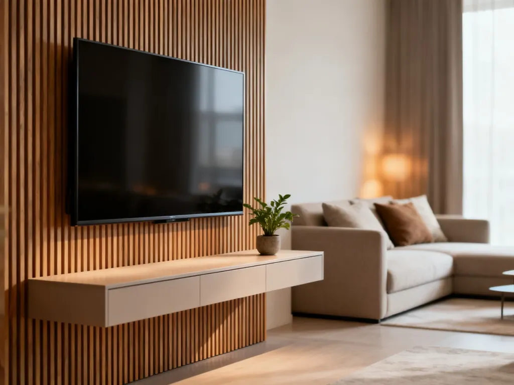 Nowoczesny salon z telewizorem zamontowanym na dekoracyjnej ścianie z drewnianych lameli oraz minimalistyczną szafką RTV.