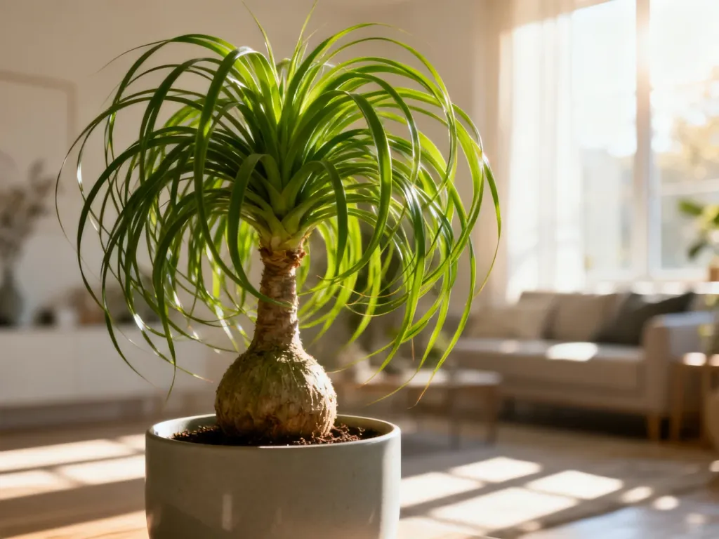 Nolina wygięta w nowoczesnej doniczce z charakterystycznym pniem i długimi, zielonymi liśćmi w słonecznym salonie.