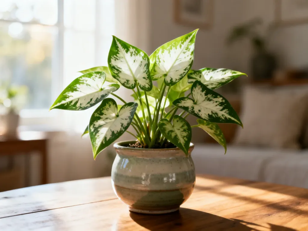 Zroślicha (Syngonium) o pstrych liściach w ceramicznej doniczce na drewnianym stole w słonecznym, przytulnym wnętrzu.