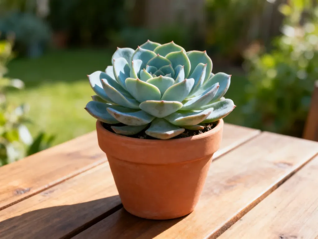 Zdrowa echeveria o symetrycznych, mięsistych liściach w terakotowej doniczce, oświetlona porannym światłem słonecznym.