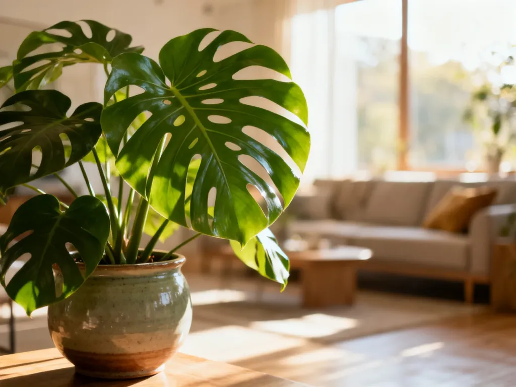 Bujna monstera w ceramicznej donicy ustawiona w jasnym, nowoczesnym salonie skąpanym w porannym świetle.