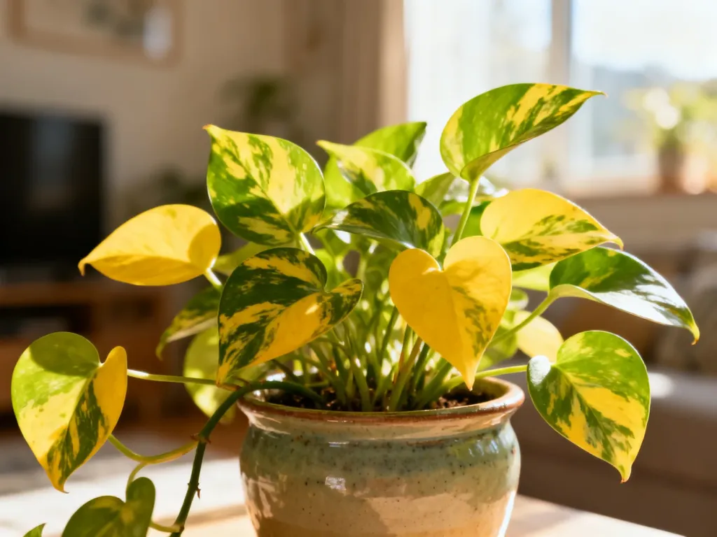 Epipremnum aureum w ceramicznej doniczce z wyeksponowanymi, nakrapianymi liśćmi w słonecznym wnętrzu domu.