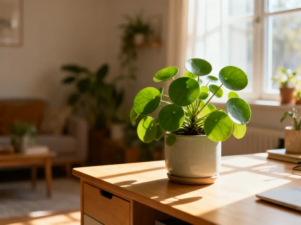Pilea peperomioides w ceramicznej doniczce na drewnianym biurku, oświetlona porannym światłem słonecznym.