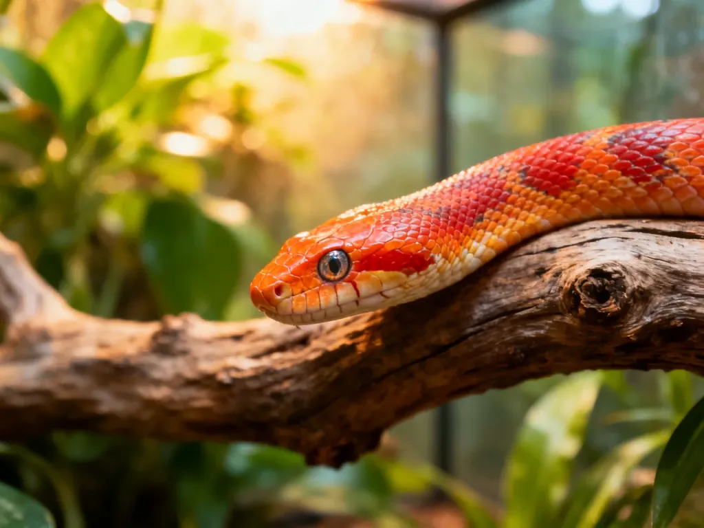 Zbliżenie na głowę węża zbożowego o pomarańczowo-czerwonym ubarwieniu, odpoczywającego na naturalnej gałęzi w terrarium.